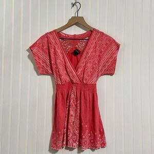 DECODED Coral Pink Paisley Butterfly Crochet Lace Back Boho Wrap Top Size L Y2K
